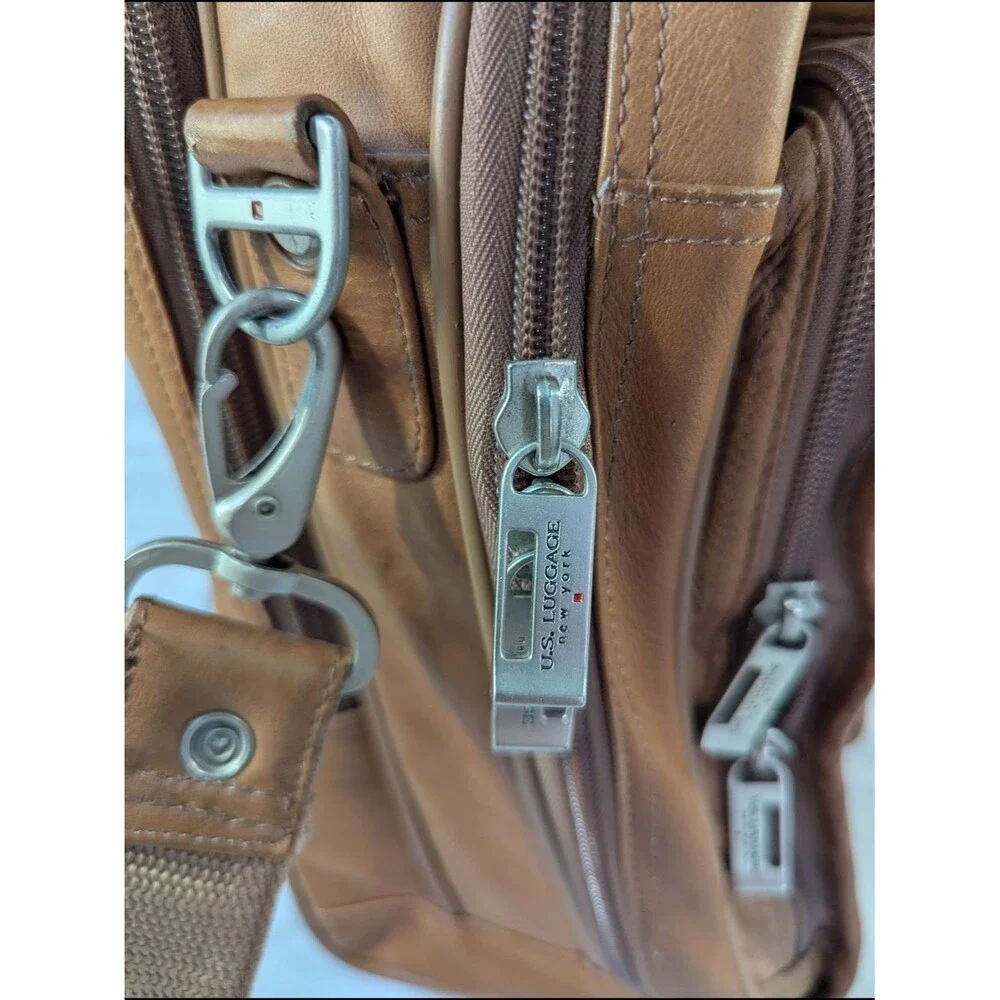US Luggage New York Tan Leather Rolling Briefcase Wheeled Laptop Bag